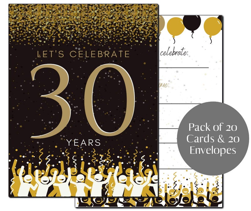 Elcer 30th Birthday Party Invitations | 30 Years celebration | Happy Anniversary | 5 x 7 | Black & Gold | Fill In Style 20 Count with Envelopes | You're Invited | Surprise Party - Image 1